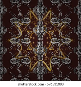 Seamless vintage pattern on brown background with golden elements. Radial gradient shape.
