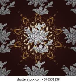 Seamless vintage pattern on brown background with golden elements. Radial gradient shape.