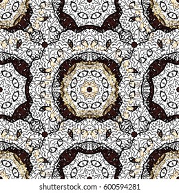 Seamless vintage pattern on brown background with golden elements and with white doodles. Christmas, snowflake, new year.