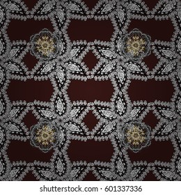 Seamless vintage pattern on brown background with golden elements and with white doodles. Christmas, snowflake, new year.