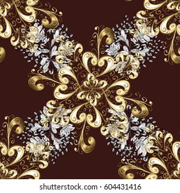 Seamless vintage pattern on brown background with golden elements and with white doodles. Christmas, snowflake, new year.