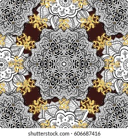 Seamless vintage pattern on brown background with golden elements and with white doodles. Christmas, snowflake, new year.