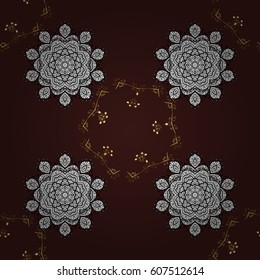 Seamless vintage pattern on brown background with golden elements and with white doodles. Christmas, snowflake, new year.