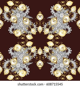 Seamless vintage pattern on brown background with golden elements and with white doodles. Christmas, snowflake, new year.