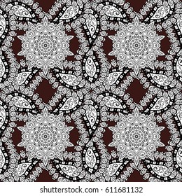 Seamless vintage pattern on brown background with white elements. Christmas, snowflake, new year 2018.