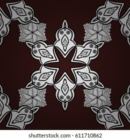 Seamless vintage pattern on brown background with white elements. Christmas, snowflake, new year. White seamless pattern on brown background with white elements.