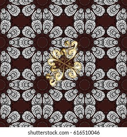 Seamless vintage pattern on brown background with golden elements. Christmas, snowflake, new year. Golden pattern on brown background with golden elements.