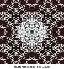Seamless vintage pattern on brown background with whiteen elements. Christmas, snowflake, new year. White seamless pattern on brown background with white elements.