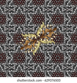 Seamless vintage pattern on brown background with golden elements and with white doodles. Christmas, snowflake, new year.