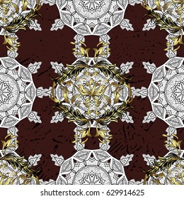 Seamless vintage pattern on brown background with golden elements and with white doodles. Christmas, snowflake, new year.
