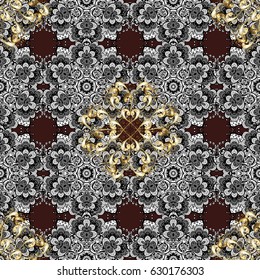 Seamless vintage pattern on brown background with golden elements and with white doodles. Christmas, snowflake, new year.