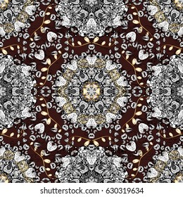 Seamless vintage pattern on brown background with golden elements and with white doodles. Christmas, snowflake, new year.