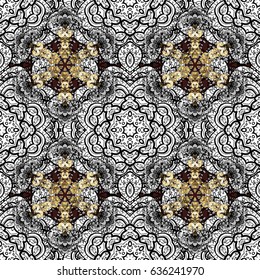 Seamless vintage pattern on brown background with golden elements and with white doodles. Christmas, snowflake, new year.