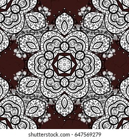 Seamless vintage pattern on brown background with whiteen elements. Christmas, snowflake, new year. White seamless pattern on brown background with white elements.