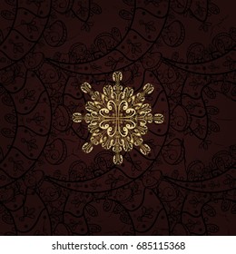 Seamless vintage pattern on brown background with golden elements. Christmas, snowflake, new year 2018.