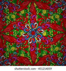 Seamless vintage pattern on colorful doodles background.