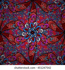 Seamless vintage pattern on colorful doodles background.