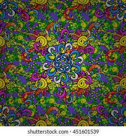 Seamless vintage pattern on colorful doodles background.