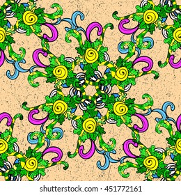 Seamless vintage pattern on colorful floral doodles background.