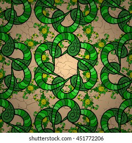 Seamless vintage pattern on colorful floral doodles background.