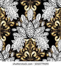 Seamless vintage pattern on colors with golden elements and with white doodles. Christmas, snowflake, new year.
