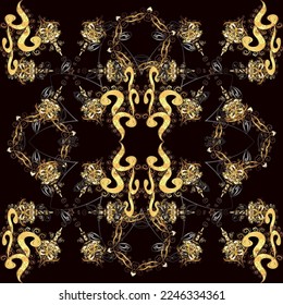 seamless vintage pattern on colors with golden elements. Christmas, snowflake, new year. Golden seamless pattern on colors with golden elements. Black background.