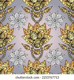 seamless vintage pattern on colors with golden elements. Christmas, snowflake, new year. Golden seamless pattern on colors with golden elements.