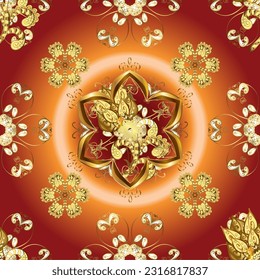seamless vintage pattern on colors with golden elements. Christmas, snowflake, new year. Golden seamless pattern on colors with golden elements.