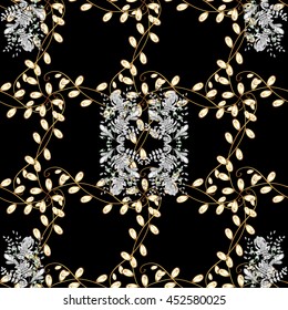 Seamless vintage pattern on colors with golden elements and with white doodles. Christmas, snowflake, new year.