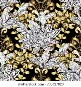 Seamless vintage pattern on colors with golden elements and with white doodles. Christmas, snowflake, new year.