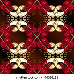 Seamless vintage pattern on dark background with golden elements.