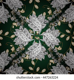 Seamless vintage pattern on dark green background with golden elements.