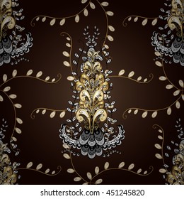 Seamless vintage pattern on dark background with golden elements.