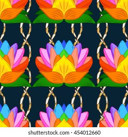 Seamless vintage pattern on dark blue background with green elements