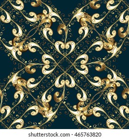 Seamless vintage pattern on dark blue background with golden elements