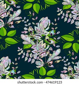 Seamless vintage pattern on dark blue background with colorful floral elements.
