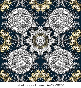 Seamless vintage pattern on dark blue background with golden and white elements.