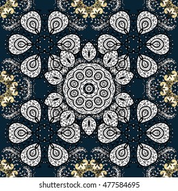 Seamless vintage pattern on dark blue background with golden elements.