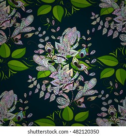Seamless vintage pattern on dark blue background with colorful floral elements.