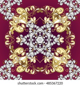 Seamless vintage pattern on dark pink background with white and golden elements