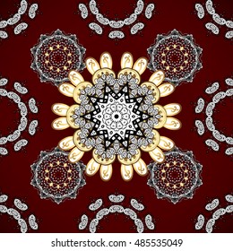 Seamless vintage pattern on dark pink and red background with white and golden elements