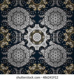 Seamless vintage pattern on dark blue background with golden and white elements.