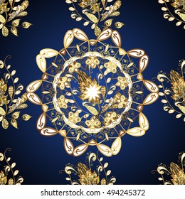 Seamless vintage pattern on dark blue background with golden elements.