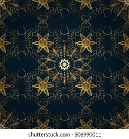 Seamless vintage pattern on dark blue background with golden elements.