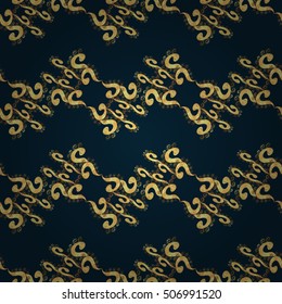 Seamless vintage pattern on dark blue background with golden elements.