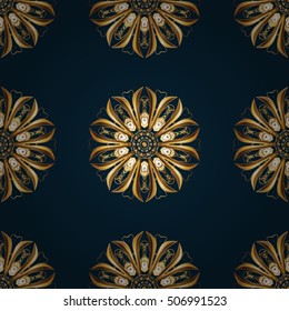 Seamless vintage pattern on dark blue background with golden elements.