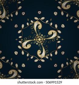 Seamless vintage pattern on dark blue background with golden elements.