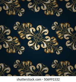Seamless vintage pattern on dark blue background with golden elements.