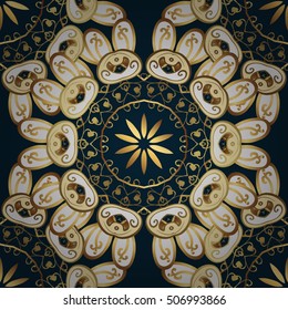 Seamless vintage pattern on dark blue background with golden elements.