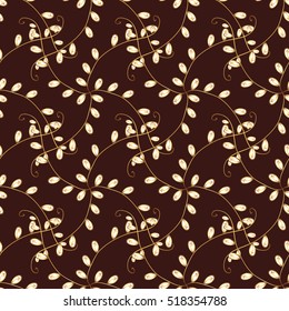 Seamless vintage pattern on dark red background with golden elements.